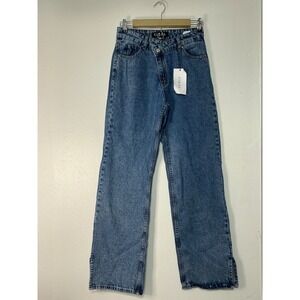 Piral High Rise Straight Leg Blue Denim Women Small Indie Boho Split Hem Classic